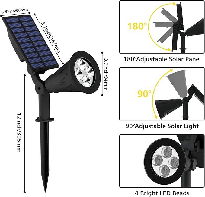 T-SUN Solar Spotlights, 4 LED Solar Powered Landscape Spotlights Waterproof Outdoor Lights Auto ON/OFF for Garden, Driveway, Yard, Patio, Pool Area (White-4 Pack)