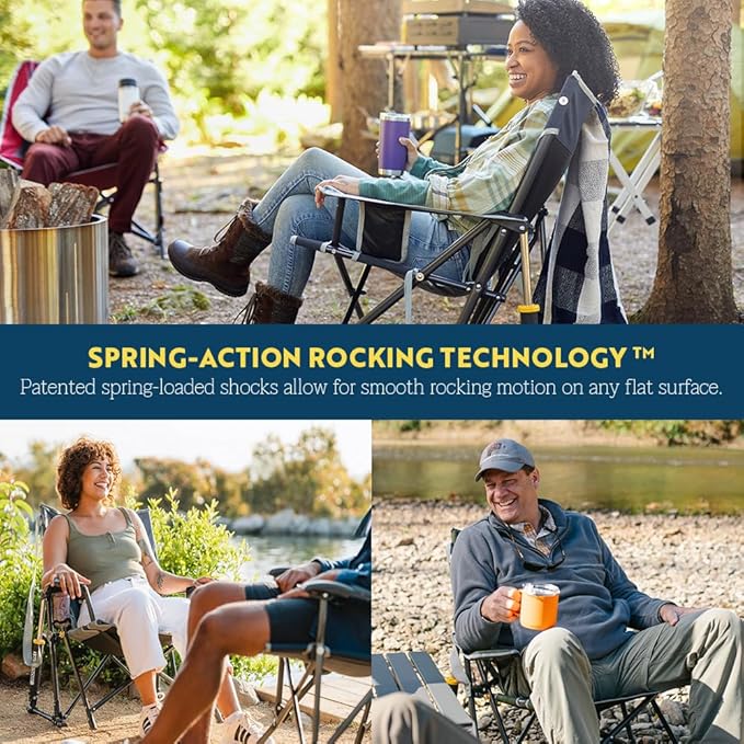 GCI Outdoor Kickback Rocker Camping Chair | Portable Folding Rocking Chair with Durable Armrests, Drink Holder & Relaxed Lowered Seat for Comfort — Heathered Royal