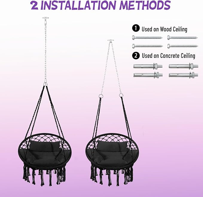 Macrame Hammock Hanging Swinging Chair with Medium Cushion, Perfect for Bedroom, Porch, Adults, Balcony, Black