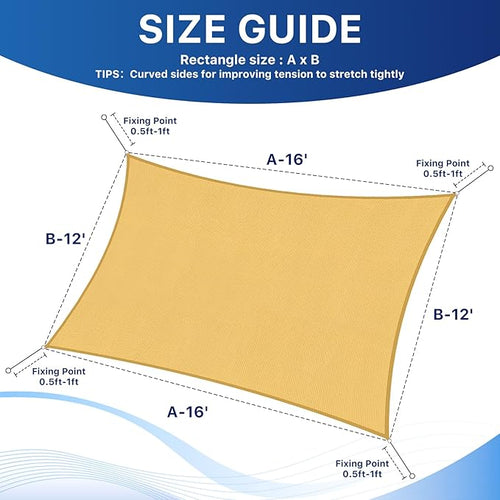 12'x16' Sun Shade Sail, UV Protection Outdoor Shade, Curved Tear Resistant Heavy Duty Sun Shade for Patio Garden, Backyard, Deck, Car Port, Playground, (Sand)