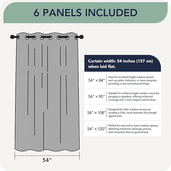Outdoor Curtains for Patio Waterproof 6 Panels - Windproof, Privacy, Weatherproof Outside Drapes for Gazebo Pergola Porch, Grommet Top and Tab Bottom, 54x84 Inch, Cream