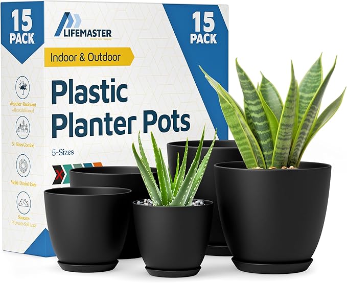 Black Plant Pots with Drainage Holes & Saucers 15 Pack, Indoor & Outdoor Stackable Space-Saving Planters for Houseplants & Flowers, (7", 6.7", 6", 5.3", and 4.8" Inches), Durable & Weatherproof