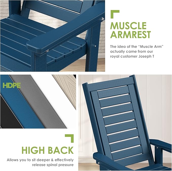 GREENVINES Outdoor Rocking Chairs | Set of 4 | Porch Rocker | HDPE Plastic | Blue | Oversized Rockers | High Back | Big & Tall | Ladder Back | for Patio Outside Backyard Balcony Garden