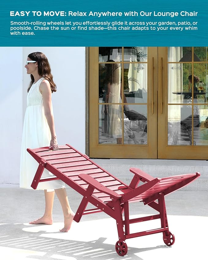 Outdoor Chaise Lounge Chair Set of 2, Patio Lounge Chairs for Outside, HDPE Lounge Chair with Wheels & Cup Holder, Poly Chair with 5 Position for Poolside, Deck, Red