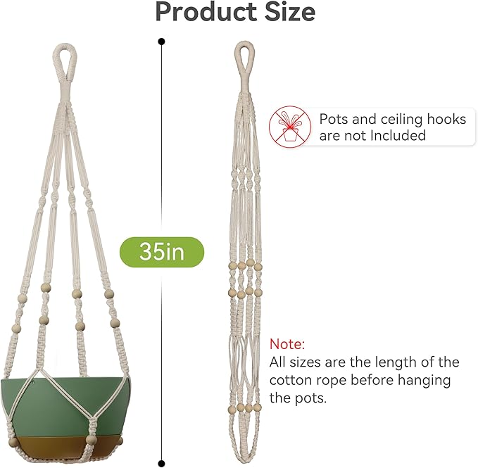 USLAI Macrame Plant Hanger Indoor Outdoor, Fits 4 to 15 Inch Pots, Strong Hanging Planter Holder, Boho Home Decor, 35 Inch, Ivory, Set of 3 (POTS NOT Included)