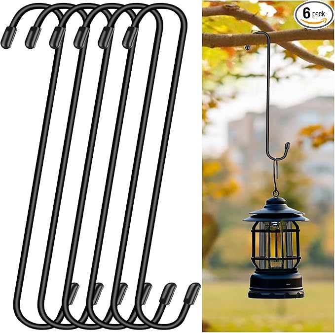 6 Pack 12 Inch Large S Hooks for Hanging Plants,Black Extra Matel Heavy Duty Hook for Hang Brsket,Bird House,Clothes,Kitchenware