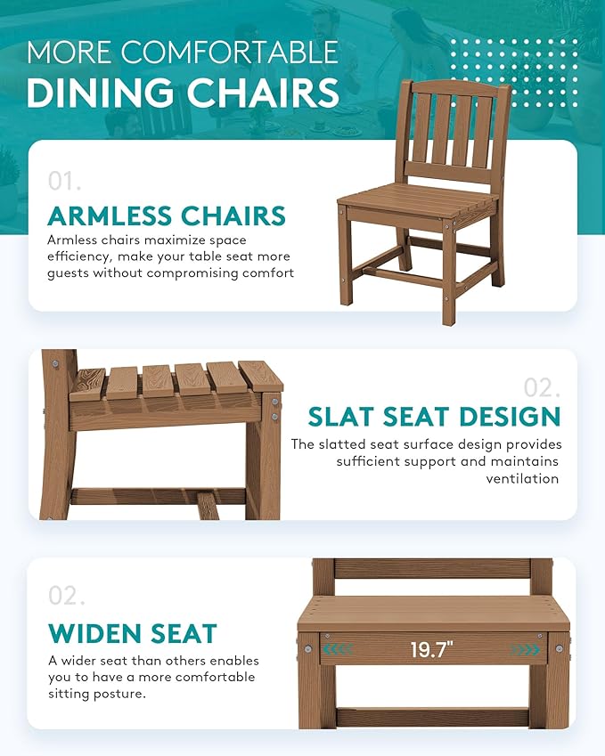 SERWALL 7-Piece Outdoor Dining Set, 60" - 83" Expandable Outdoor Dining Table and 6 HDPE Chairs, All Weather HDPE Outdoor Furniture Set for Backyard, Garden, Brown
