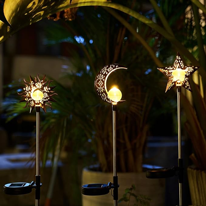 Solar Garden Stake Lights, Moon Sun Star Yard Decorations Outdoor 3 Pack Solar Garden Decor for Lawn, Pathway, Flower Bed, Memorial Garden, Patio Outdoor Gifts for Mom, Loved Ones