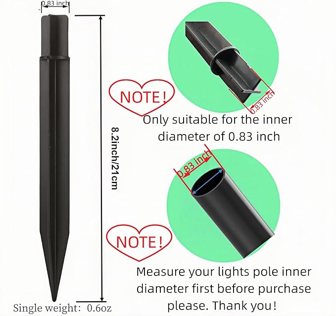 8.25" Reinforced ABS Plastic Solar Ground Spikes - Durable Solar Light Replacement Stakes for Garden, Pathway, Deck, Camping, Christmas Lights (Fits 0.83" Inside Diameter) (Black-4 Pack)
