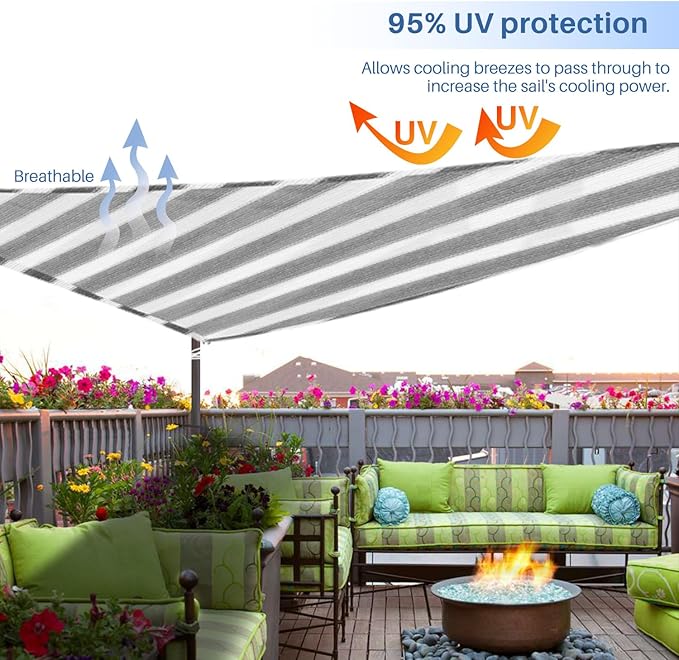 E&K Sunrise 7' x 7' x 7' Sun Shade Sail Triangle Canopy Shade Cover UV Block for Patio Backyard Garden Outdoor (Gray White Strip)