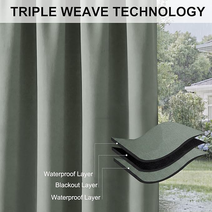RYB HOME Outdoor Curtains for Patio Waterproof Block Sunlight Thermal Insulated Privacy Assured Thick Outside Curtains for Pergola, Cabana, Gazebo, W52 x L72, Sea Green, 1 Panel