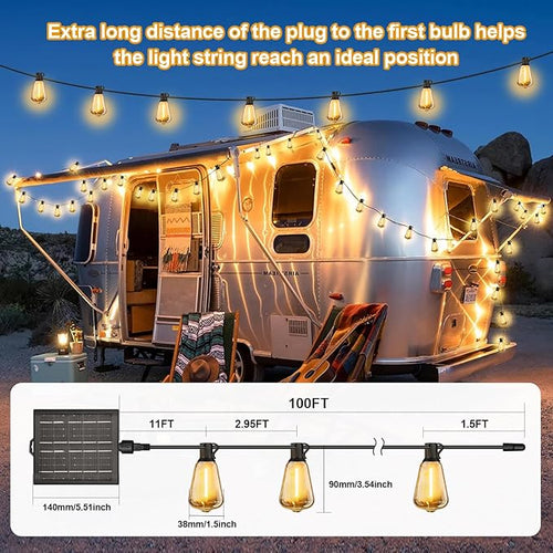 100FT Solar String Lights Outdoor Waterproof with Remote & Timer, LED Shatterproof ST38 Bulbs, USB & Solar Powered Patio Lights for Backyard, Porch, Garden, Wedding, Christmas Decor