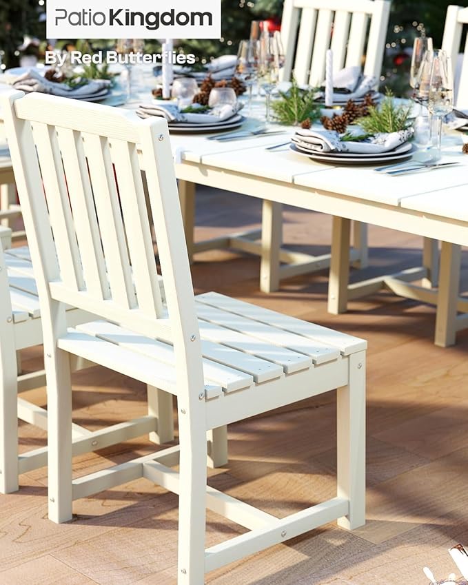 7-Piece White Outdoor Dining Set with Beige 11FT Large Patio Umbrella, 75.2'' HDPE Table & Chairs for 6, Weather-Resistant Furniture with Umbrella Hole for Patio, Lawn, Poolside