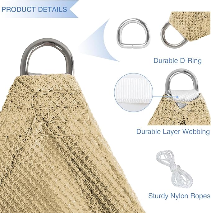 E&K Sunrise 3' x 3' x 3' Sun Shade Sail Triangle Canopy Shade Cover UV Block for Patio Backyard Garden Outdoor (Sand)
