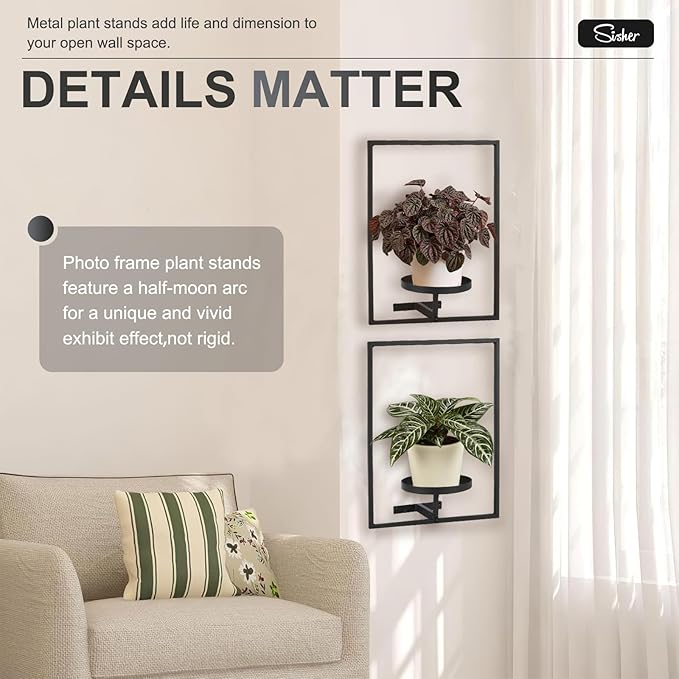 Sisher Plant Stand Indoor Outdoor,Window Plant Shelf Picture Frame Wall Plant Stand Metal Wall Plant Shelf Ease of Assembly Modern Style for Home Decor (Square 2-pack)