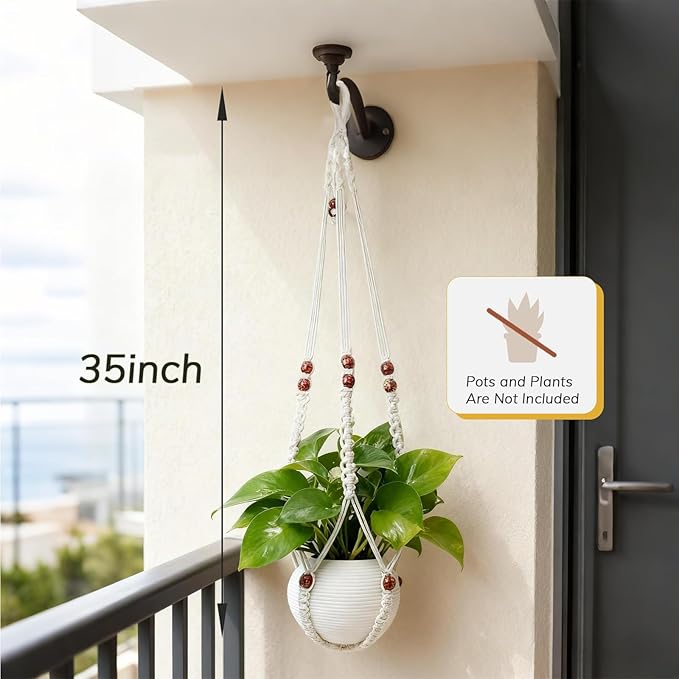 35 Inch Macrame Plant Hanger, Large for up to 15 Inch Pot Extra Long Hanging Planter Holder Basket with Wood Beads for Indoor Outdoor Home Decor (Ivory, 2-Pack)