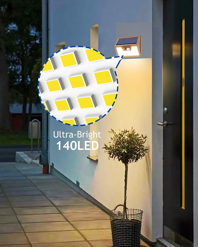 Peasur Solar Lights Outdoor Motion Sensor Waterproof, 3Pack 140LED Brown Solar Powered Fence Light, 3 Modes Security Wall Lights for Garden Yard Outside(Warm White)