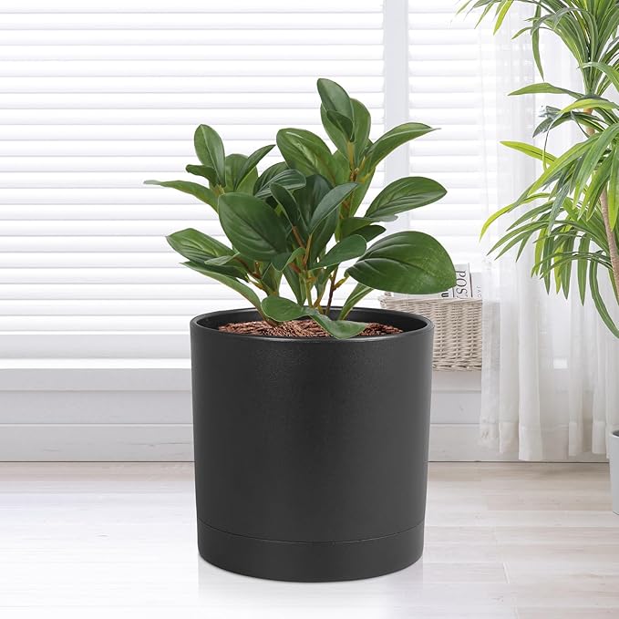 6/5/4 inch Flower Pots, Set of 3 Cylinder Plant Pots for Small Indoor Outdoor Plants, Plastic Planters with Drainage Holes and Saucers for Garden Succulent Nursery House Plants, Black
