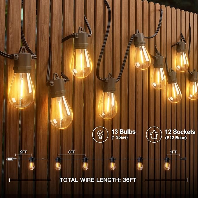 addlon 36FT LED Outdoor String Lights with 12 Edison Vintage Shatterproof Bulbs, Commercial Grade Patio Lights, IP65 Waterproof for Balcony, Backyard and Garden, Warm White