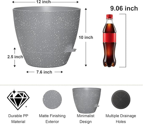12 Inch Large Self Watering Pots, Flower Pots with Multi-Mesh Drainage Holes and Saucer, Planters for Indoor and Outdoor Garden Plants (Speckled Grey)