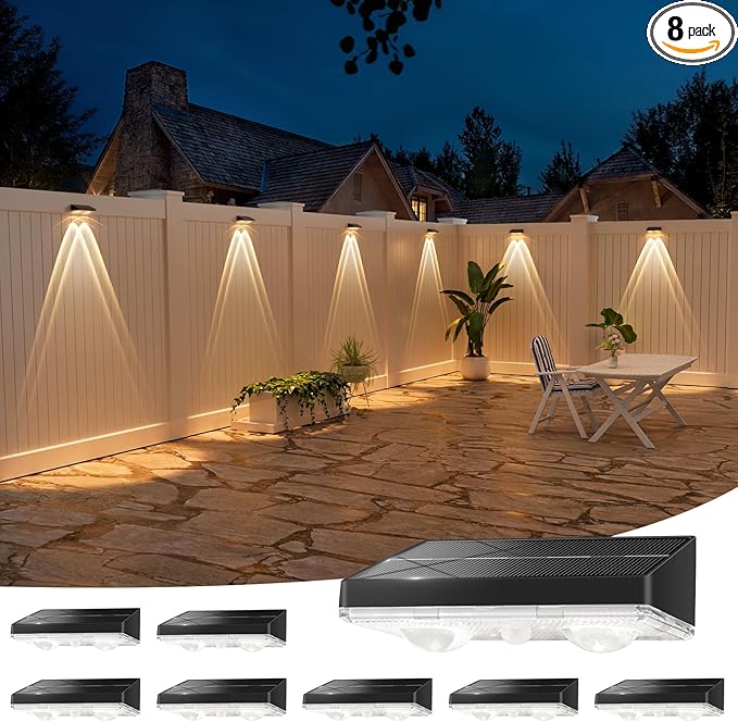 NIORSUN Solar Fence Lights,8 Pack Solars Deck Light,Warm White Color,Outdoor Bulb Waterproof Led IP65,Power Patio Lamp with Lenses for Outside/Backyard/Railing/Yard(Black)