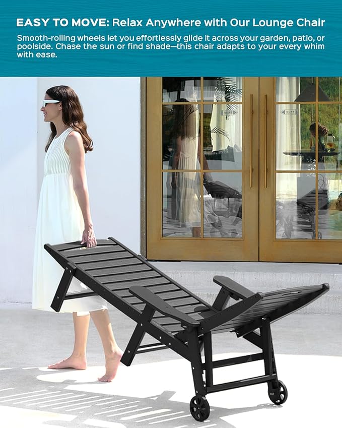 Outdoor Lounge Chair Set of 4, All Weather Patio Chaise Lounge Chair for Outside, HDPE Chair with Rolling Wheels & Cup Holder, 5 Position, Deck, Pool, Black