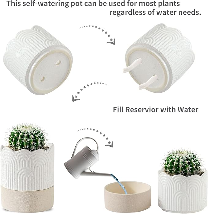 Nihow Self Watering Plant Pot: 4.5 Inch Ceramic Planter with Drainage Hole & Water Storage Plus for Indoor & Outdoor Plants - Cylinder Flower Pot for Herbs/Violets - Beige & Nature