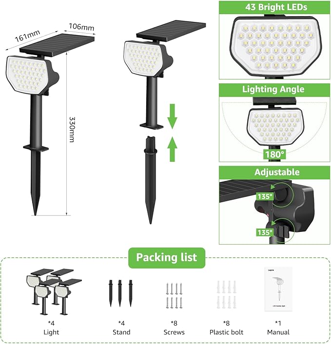 Lepro Solar Decorative Spot Lights 4 Pack, Warm White Accent Lights for Garden Ambiance, IP65 Waterproof Adjustable Landscape Lighting to Highlight Statues, Plants, Pathways & Yard Decor