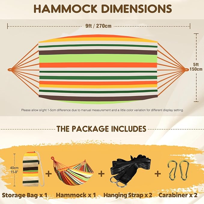 ANYOO Cotton Hammock Portable Camping Hammocks for Hanging Sturdy Garden Comfortable Fabric Hammock with Tree Straps Up to 660lbs with Travel Bag for Camping Outdoor/Indoor Patio Backyard
