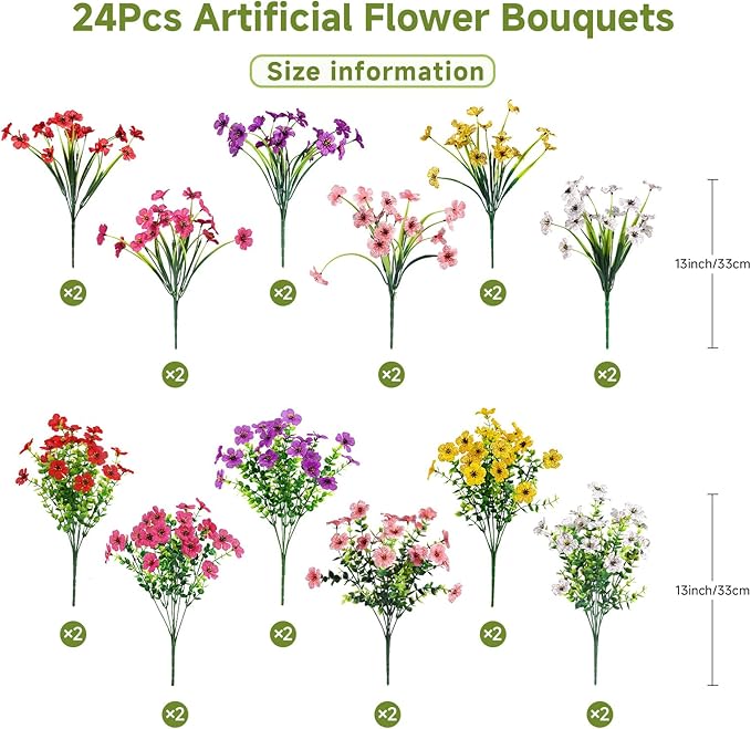 Alupssuc 24 Bundles Artificial Flowers for Outdoors Decoration, UV Resistant Silk Faux Daisy Flora Spring Fake Plastic Plants Greenery for Outside Indoor Yard Home Porch Window Box Decor, Mix 6 Colors