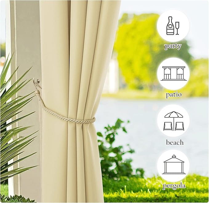 NICETOWN 2 Panels Outdoor Curtains for Patio Waterproof, Rustproof Grommet Thick Indoor Outdoor Vertical Drapes Dustproof for Porch/Pergola/Gazebo, W55 x L84 Inch, Beige