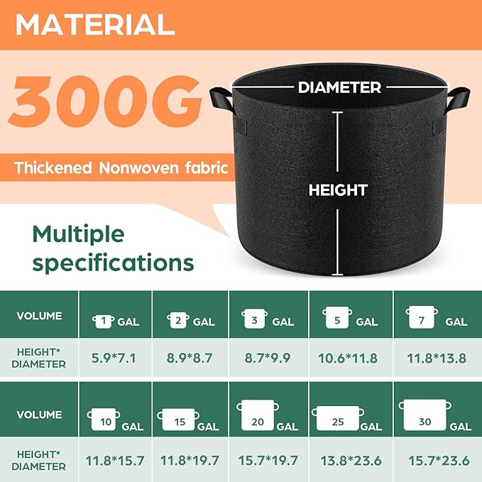 5 Pack 15 Gallon Grow Bags, Thickened Nonwoven Fabric Planter Pots with Handles, Heavy Duty 300G Garden Pots for Tomato, Potato and Vegetable