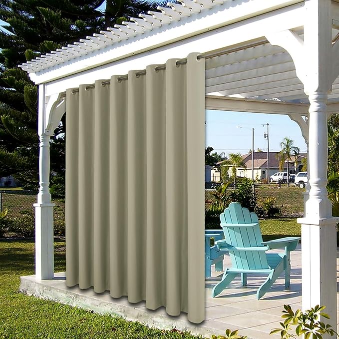 BONZER Wide Waterproof Outdoor Curtains for Patio Heavy Privacy Light Filtering Grommet Outside Curtains for Porch, Pergola, Gazebo, 1 Panel, 110W x 120L inch, Taupe
