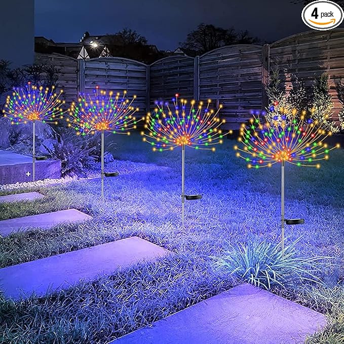 4 PCS Solar Firework Light, Outdoor Solar Garden Decorative Lights 120 LED Powered 40 Copper Wires String DIY Landscape Light for Walkway Pathway Backyard Christmas Decoration Parties (Colorful)