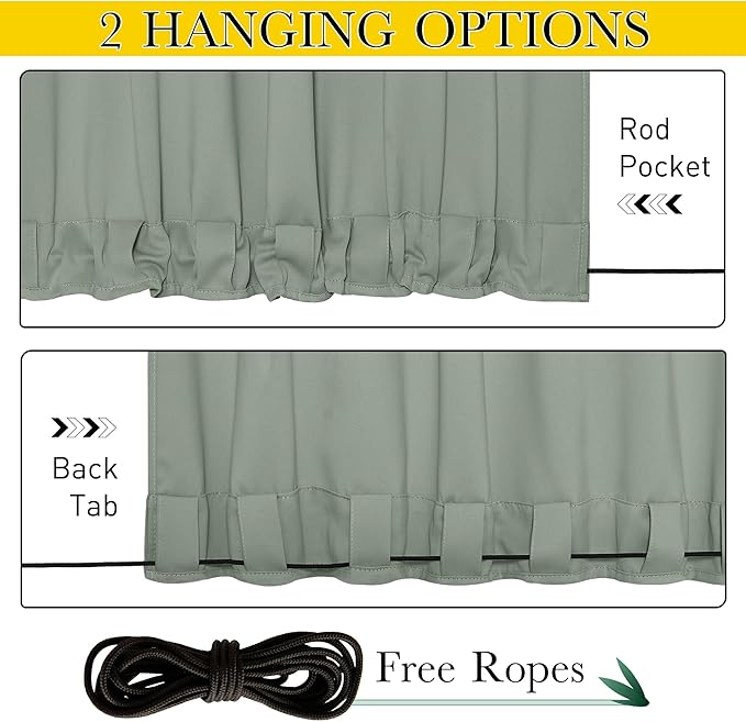 NICETOWN 2 Panels Waterproof Outdoor Curtains Fixed Grommet & Back Tab on Top & Bottom, Thermal Insulated Keep Rain & Sun Out Privacy Windproof Outdoor Draperies with Rope, W52 x L72, Sage Green