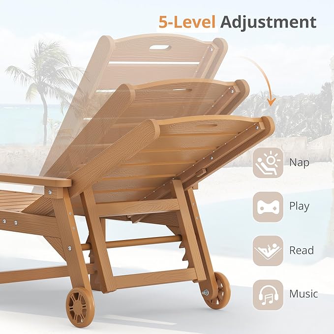 LUE BONA Outdoor Chaise Lounge, HDPS Chaise Lounger, 5 Positions Adjustable Lounge Chairs, Pool Lounge Chair with Wheels for Poolside, Backyard, Teak Color