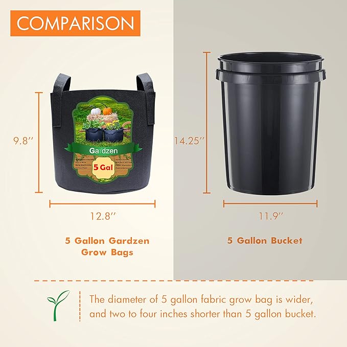 Gardzen 6-Pack 5 Gallon Grow Bags, Aeration Fabric Pots with Handles, Heavy Duty Cloth Pots for Plants
