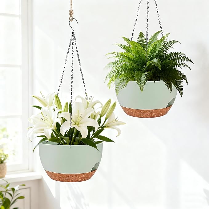 Set of 4-8 Inch Self Watering Hanging Planters for Indoor Outdoor，Hanging Plant Pots with Drainage & Removable Tray, Hanging Pots Holder for Ivy, Pothos, Ferns, Balcony & Patio, Green Brown