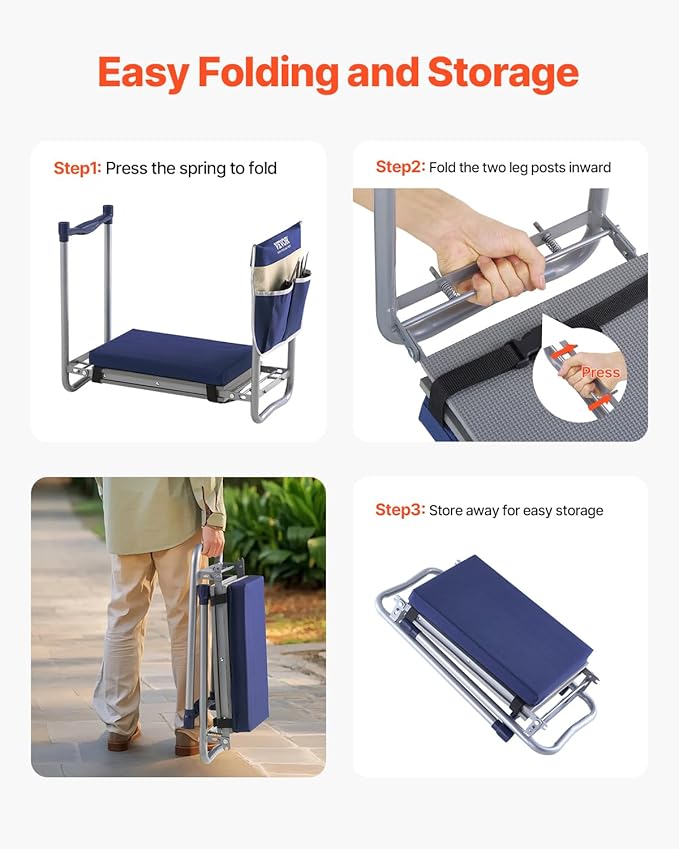 VEVOR Large Folding Garden Kneeler and Seat Heavy Duty, Widened 10" EVA Foam Pad, Portable Garden Stool with Tool Bags, Gardening Bench to Relieve Knee & Back Pain, Gifts for Seniors, Women, Parents