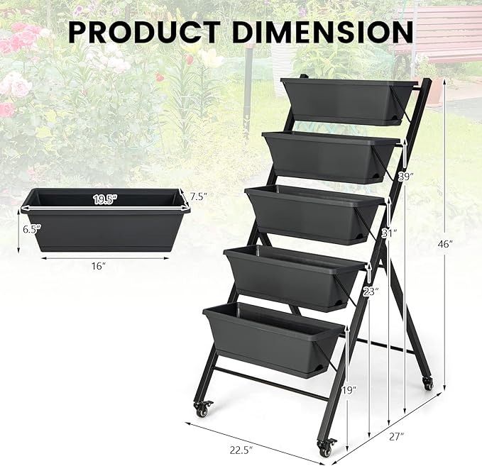 Giantex Set of 2 Vertical Raised Garden Bed on Wheels, Elevated Planter Raised Beds with Water Drainage, Freestanding 5 Container Boxes for Vegetables and Flowers Growing, Outdoor Indoor Patio Balcony