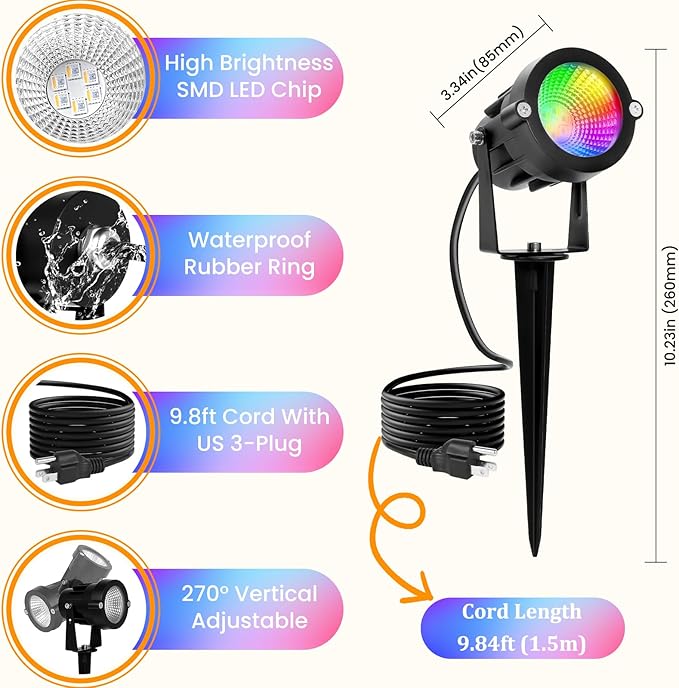 Multi Colored Spotlights Outdoor: RGBW LED Spot Light Plug in 120V Remote Control 16 Color Changing Landscape Light Spot for Lawn Yard Garden Outside Path Tree Holiday Décor, 4 Pack (RGB+Warm White)