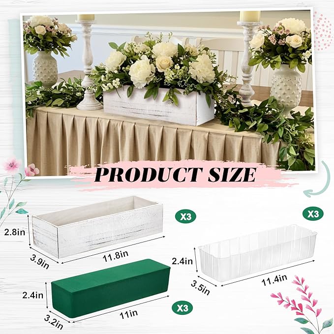 Dandat 3 Set Wood Boxes for Centerpieces 12x4 Inch Rectangle Wooden Planter Box Rustic Wooden Planters with Removable Plastic Liner Floral Foam Blocks for Christmas Wedding Home Garden Decor(White)