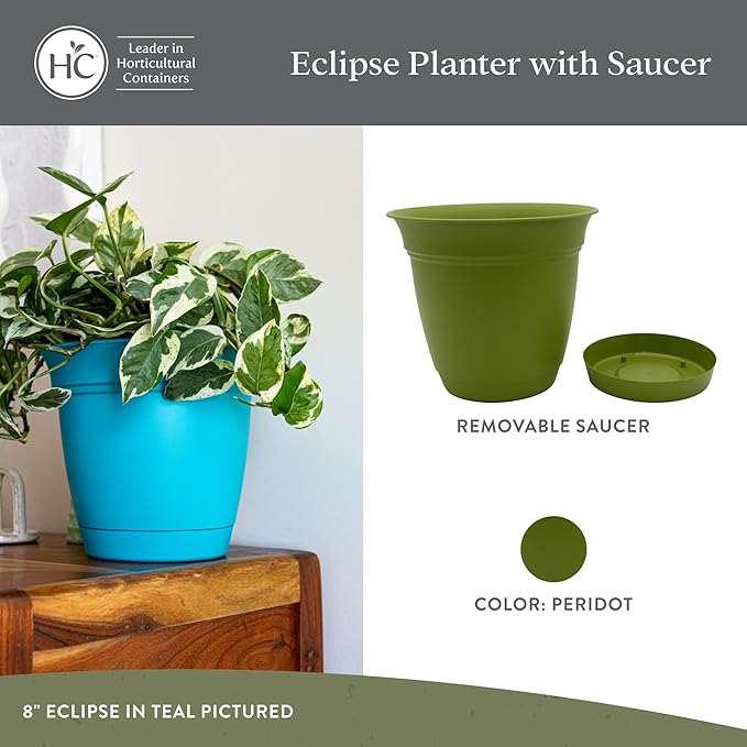 The HC Companies 16 Inch Eclipse Round Planter Pots with Drainage Holes & Attached Saucer, Lightweight UV-Resistant Plastic Indoor Outdoor Planters, 2-Pack Flower Pots for Garden & Home Decor, Peridot