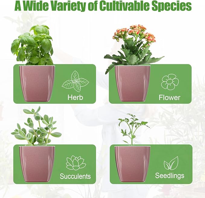 4 Pack Self Watering Pots 4-inch Decorative Flower Planters for Indoor Plants Modern Square planters for Small Plants Window Sill Planters for Succulents, African Violets, Herbs(Rose Gold)