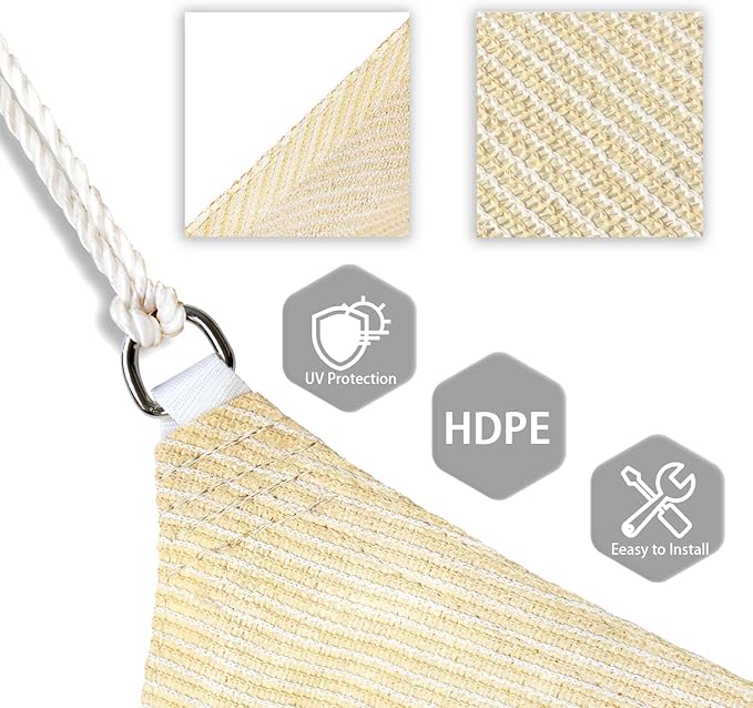 Patio Paradise 15' x 15' x 15' Sun Shade Sail Triangle Canopy Shade Cloth Fabric Sunlight Block Patio Pergola Cover HDPE Deck Awning for Outdoor Backyard Roof Shading, Beige