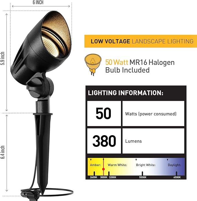 Malibu Landscape Lighting Outdoor 50W Spotlight Waterproof Halogen Floodlight Low Voltage Lights 380Lumen Warm White with Stake for Garden Yard Pathway Lawn Driveway Outdoor Lighting 8301-9601