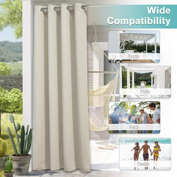 NICETOWN 2 Panels Weighted Patio Outdoor Curtains 95 inch Length, Home Fashion Microfiber Thermal Insulated Silver Stainless Steel Grommet Room Darkening Drapes for Terrace, Beige, W52 x L95