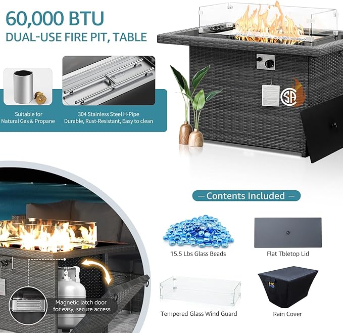 NICESOUL Extra Large 9 Piece Patio Furniture Set with Fire Pit Table Natural Gas & Propane, 29.3'' High Back Rattan Outdoor Conversations, 8 Seater Modular Sofa Set, 2 Color Cushions Turquoise & Gray