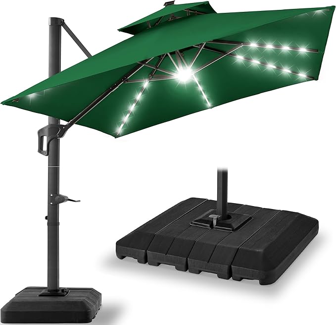 Best Choice Products 12x12ft LED Cantilever Patio Umbrella w/Base Included & 360° Rotation, Large Solar Offset Hanging Outdoor Sun Shade for Deck, Backyard Table w/Stand & Lights – Green