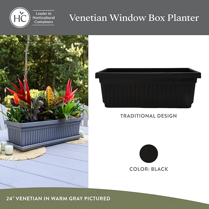 The HC Companies 18 Inch Venetian Window Planter Box with Drainage Plug, Lightweight UV-Resistant Plastic Indoor & Outdoor Planters, 2-Pack Flower Box for Garden & Home Decor, Black
